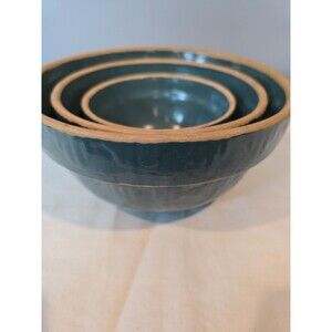Vtg Clay City Pottery “Picket Fence” Nesting Bowls (3) Green Glaze USA Stoneware